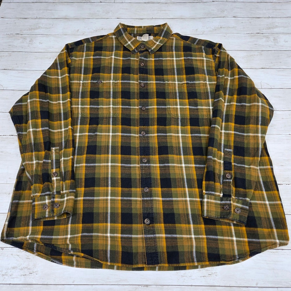 Duluth Trading Co Flannel Shirt Men 3XLTall Olive Yellow Plaid Relaxed Fit